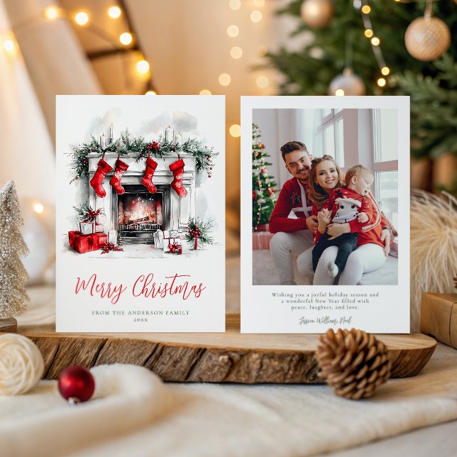 Holiday Cozy Fireplace Christmas Family Photo Card (Creator Uploaded)