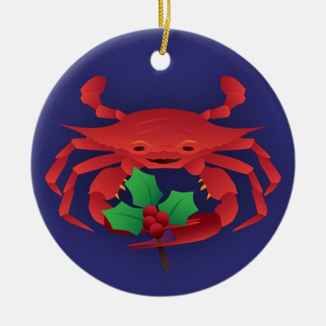 Holiday Crab with Holly Ceramic Ornament (Front)