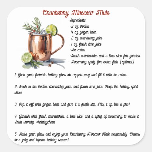 Holiday Cranberry Moscow Mule Cocktail Recipe Square Sticker