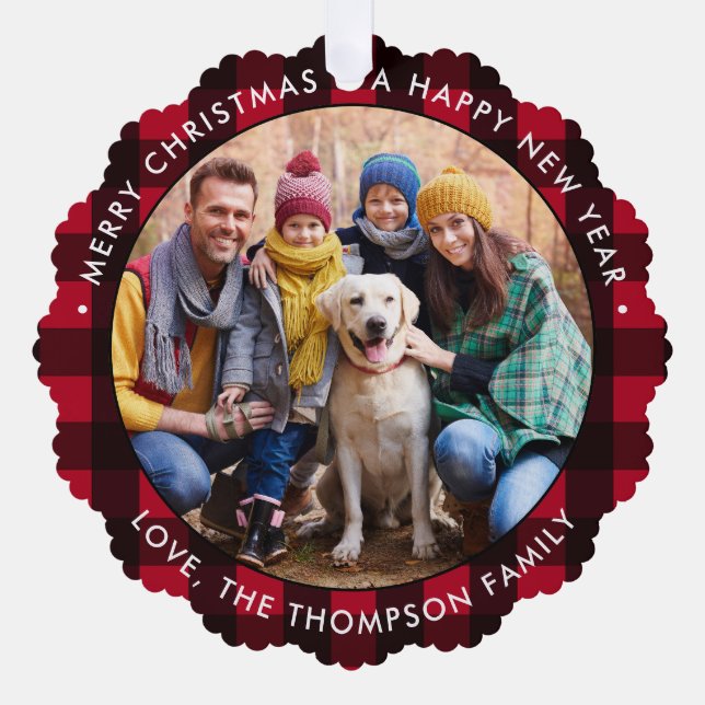 Holiday Custom Photo Farmhouse Red Buffalo Plaid Ornament Card (Front)