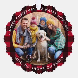 Holiday Custom Photo Farmhouse Red Buffalo Plaid Ornament Card