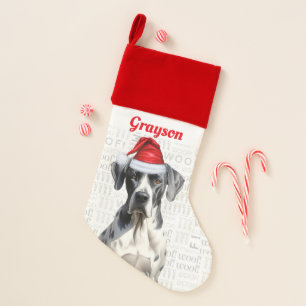 Holiday Cute Great Dane Dog with Name Christmas Stocking