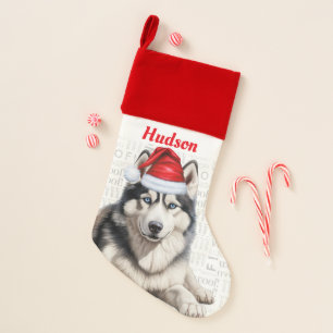 Holiday Cute Siberian Husky Dog with Name Christmas Stocking