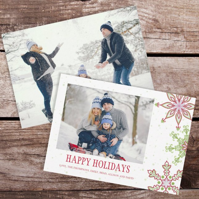 Holiday Cute Snowflake Whimsical Colorful 2 Photo (Happy Holidays Christmas photo card with whimsical colorful snowflake design. )