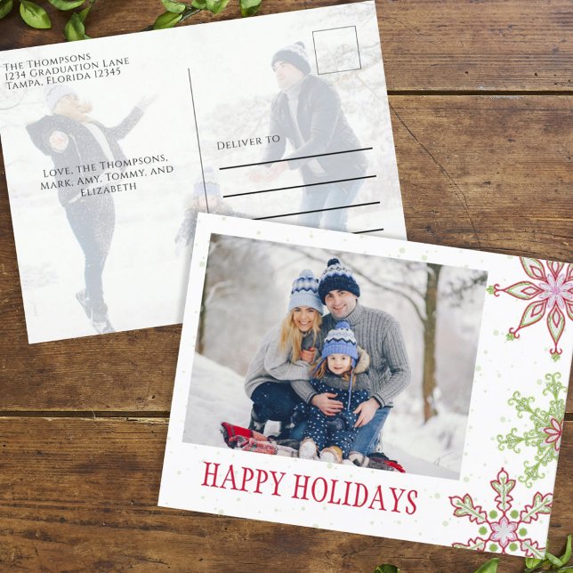 Holiday Cute Snowflake Whimsical Colorful 2 Photo Postcard (Christmas whimsical cute colorful snowflakes photo postcard. )