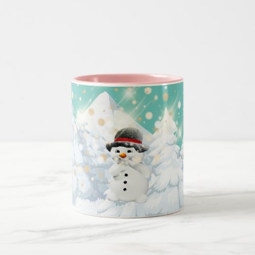 Holiday  Cute snowman woodland snow blizzard teal Two_Tone Coffee Mug