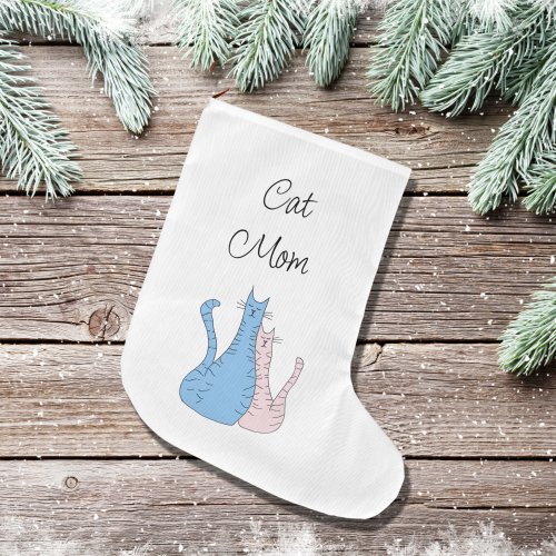 Holiday Cute Tabby Cats Blue Pink  Large Christmas Stocking