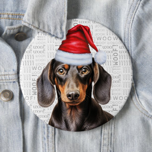 Holiday Dachshund Santa Dog on Woof Background Button