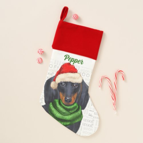 Holiday Dachshund Santa with Name Christmas Stocking