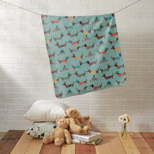 Holiday Dachshunds with Gifts and Sleds Pattern Baby Blanket (In Situ)