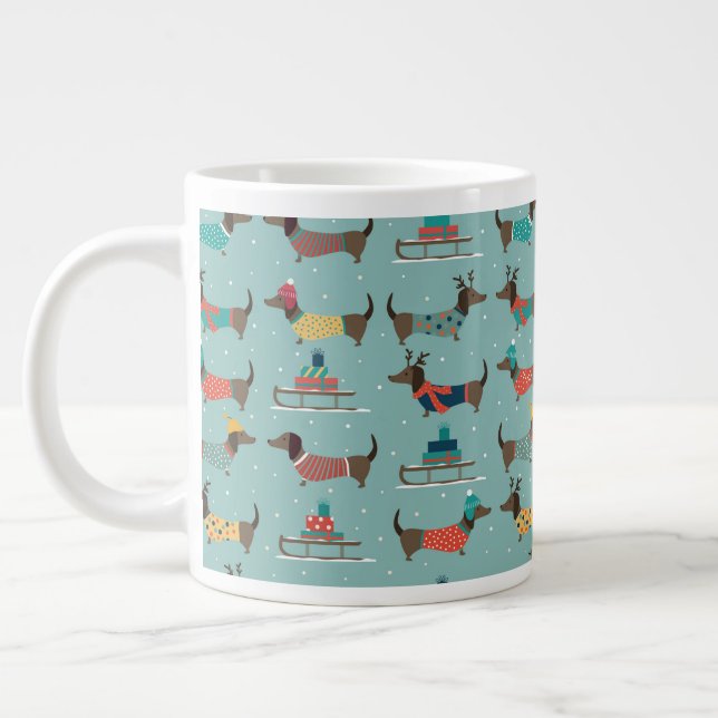 Holiday Dachshunds with Gifts and Sleds Pattern Giant Coffee Mug (Left)