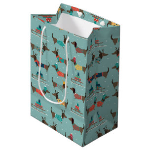 Holiday Dachshunds with Gifts and Sleds Pattern Medium Gift Bag