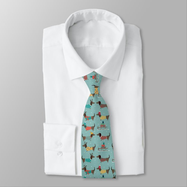 Holiday Dachshunds with Gifts and Sleds Pattern Neck Tie (Tied)