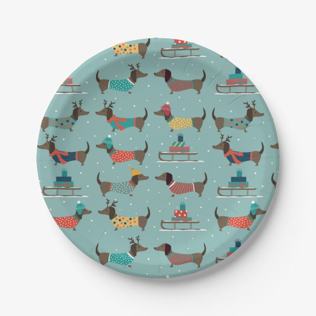 Holiday Dachshunds with Gifts and Sleds Pattern Paper Plates (Front)