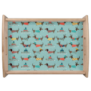 Holiday Dachshunds with Gifts and Sleds Pattern Serving Tray
