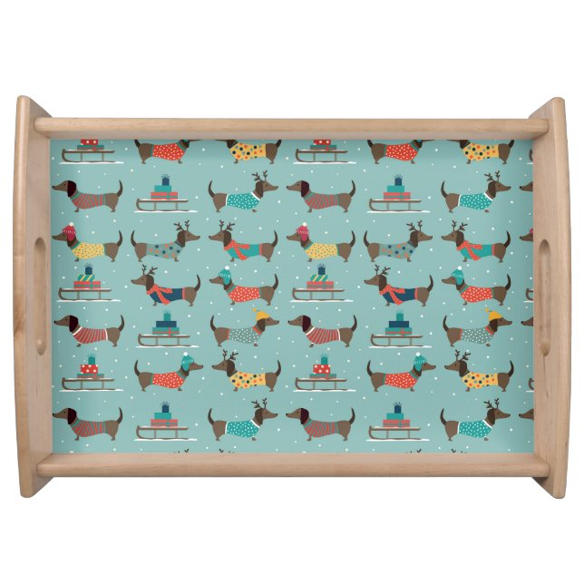 Holiday Dachshunds with Gifts and Sleds Pattern Serving Tray (Front)