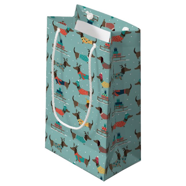 Holiday Dachshunds with Gifts and Sleds Pattern Small Gift Bag (Front Angled)