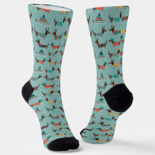 Holiday Dachshunds with Gifts and Sleds Pattern Socks