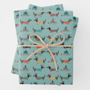 Holiday Dachshunds with Gifts and Sleds Pattern Wrapping Paper Sheets