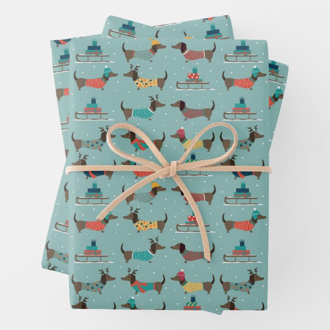 Holiday Dachshunds with Gifts and Sleds Pattern Wrapping Paper Sheets (In situ)