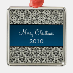 Holiday Damask Premium Square Ornament, Blue Metal Ornament