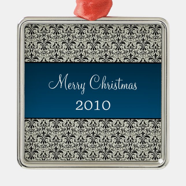 Holiday Damask Premium Square Ornament, Blue Metal Ornament (Front)