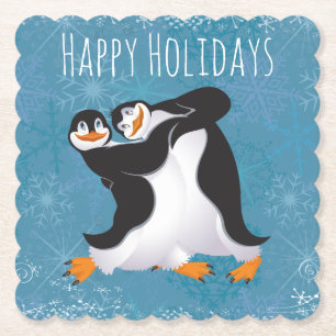 Holiday Dancing Penguins Paper Coaster