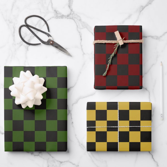 Holiday Dark Green Burgundy Gold Checkered Wrapping Paper Sheets (Front)