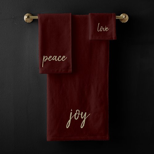 Holiday Decor  Red and Gold Joy Peace Love Bath Towel Set