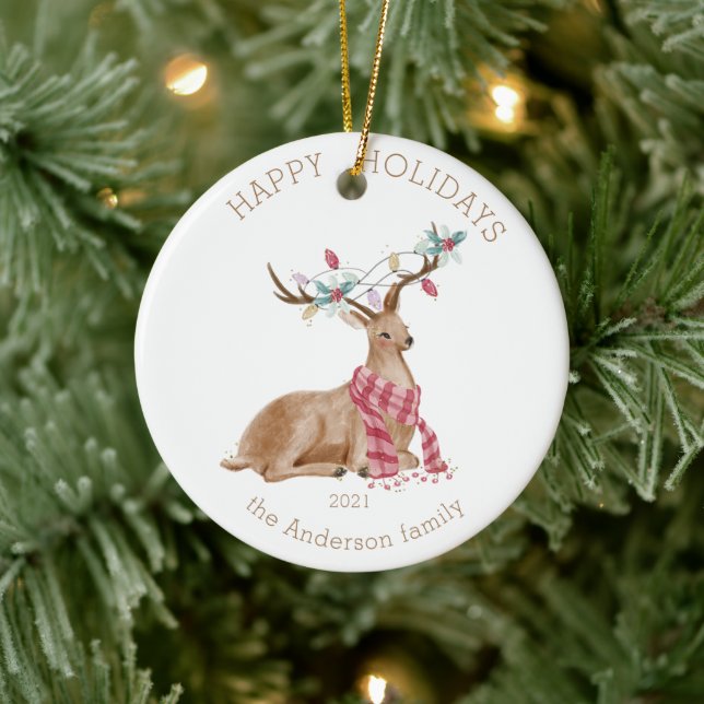 Holiday Deer Colorful Happy Holidays Photo Ceramic Ornament (Tree)