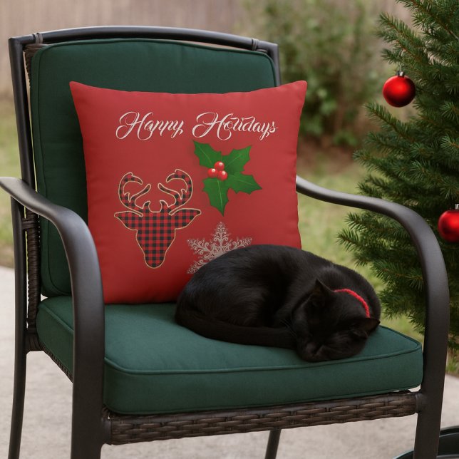 Holiday Deer Head, Snowflake and Holly Leaves   Outdoor Pillow (Creator Uploaded)