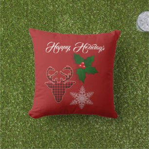Holiday Deer Head, Snowflake and Holly Leaves Outdoor Pillow