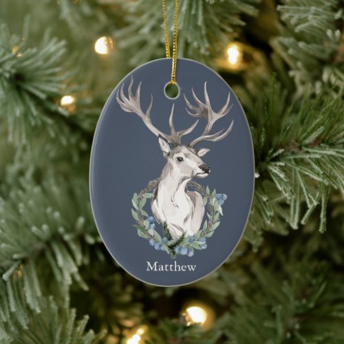Holiday Deer with Winter Wreath Ceramic Ornament