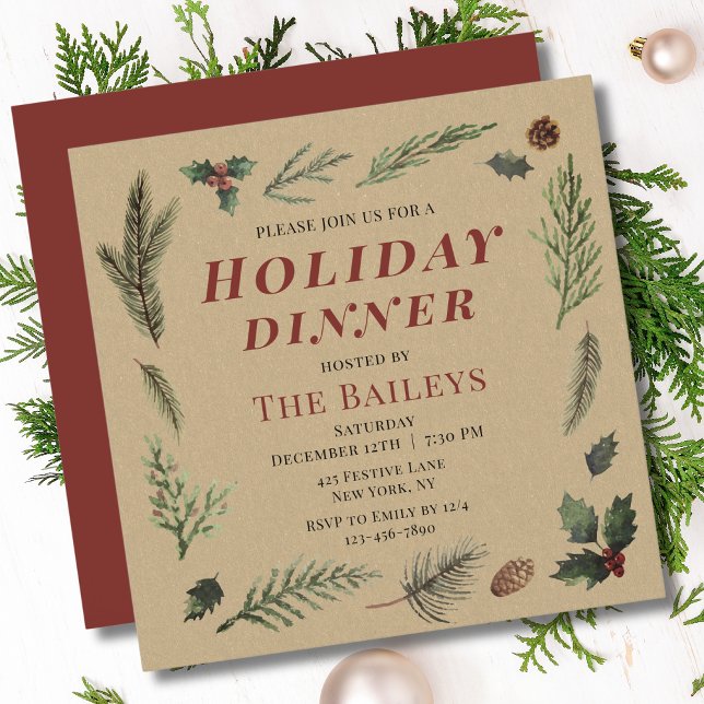 Holiday Dinner Christmas Rustic Winter Floral Invitation (Creator Uploaded)