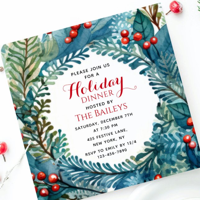 Holiday Dinner Elegant Christmas Floral Wreath Invitation (Creator Uploaded)