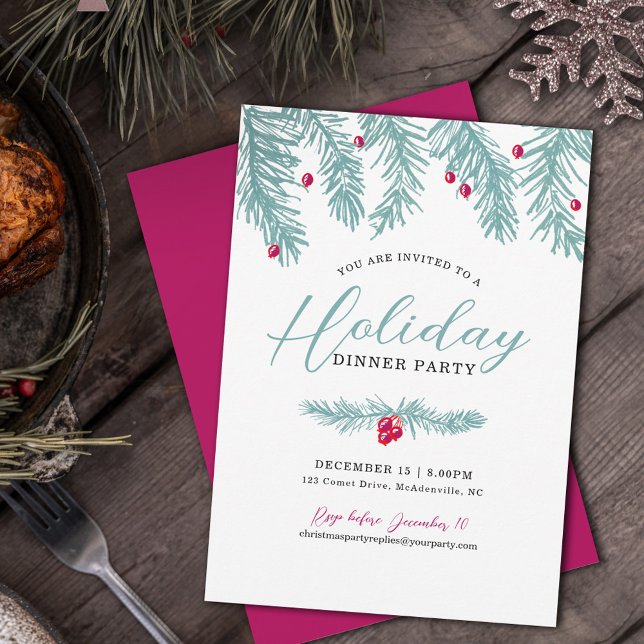 Holiday dinner party blue fir red berry christmas invitation (Creator Uploaded)
