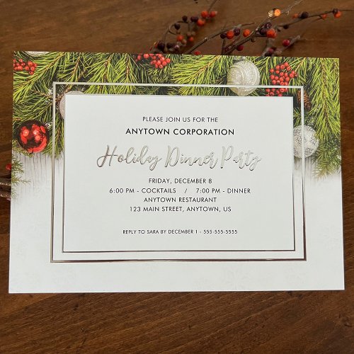 Holiday Dinner Party Foil Evergreen Christmas Foil Invitation