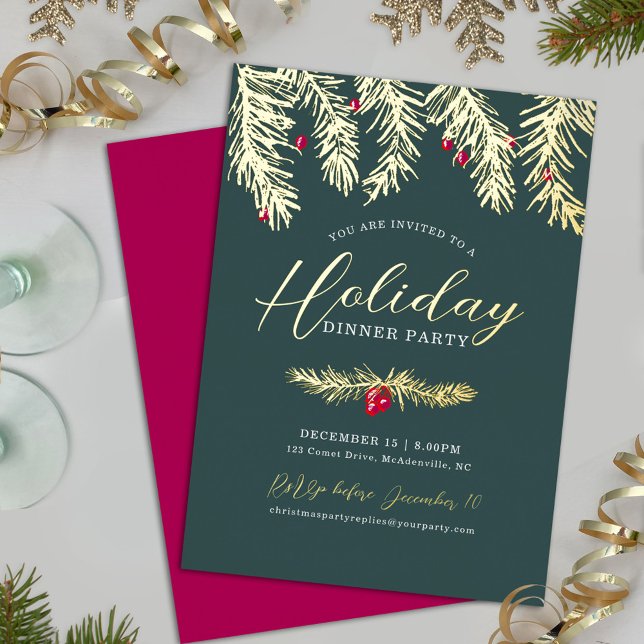 Holiday dinner party gold and red berry christmas foil invitation (Creator Uploaded)