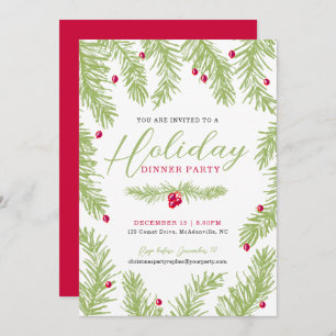 Holiday dinner party green fir red berry christmas invitation