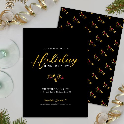 Holiday dinner party holly gold red christmas invitation