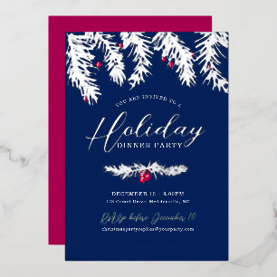 Holiday dinner party silver blue red christmas foil invitation
