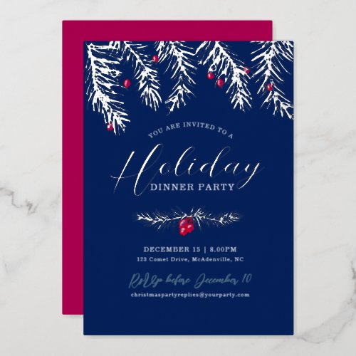 Holiday dinner party silver blue red christmas foil invitation