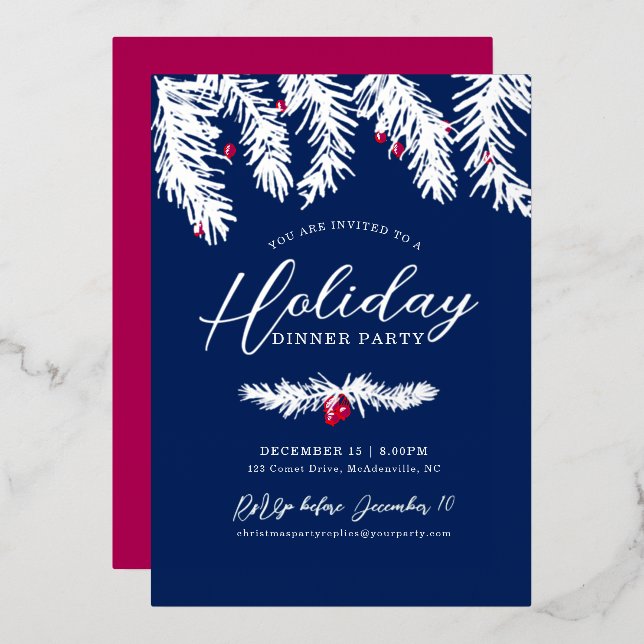Holiday dinner party silver blue red christmas foil invitation (Front/Back)