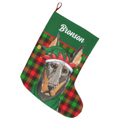 Holiday Doberman and Festive Plaid with Dogs Name Large Christmas Stocking