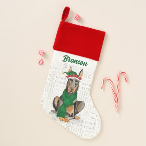 Holiday Doberman Dog with Name Christmas Stocking
