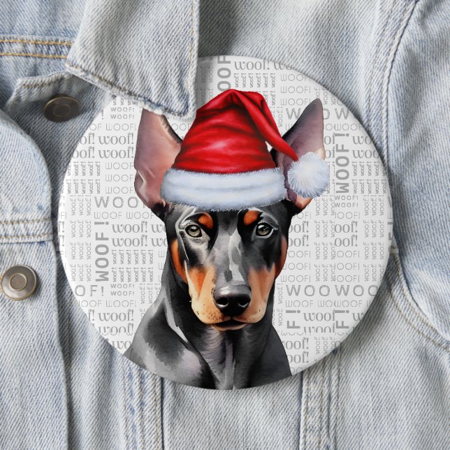Holiday Doberman Santa Dog on Woof Background Button (In Situ)