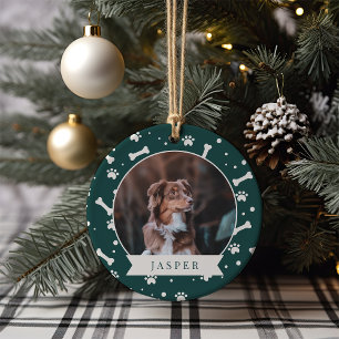 Holiday Dog Bone & Pawprint Personalized Pet Photo Ceramic Ornament