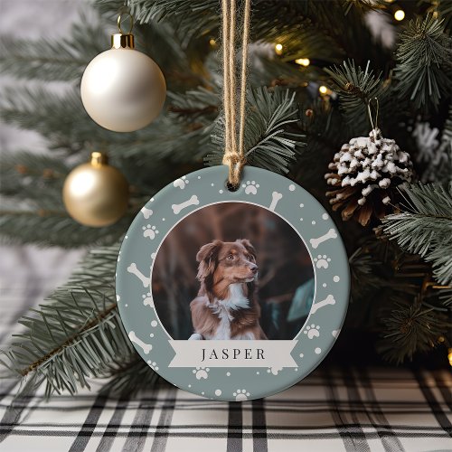 Holiday Dog Bone  Pawprint Personalized Pet Photo Ceramic Ornament