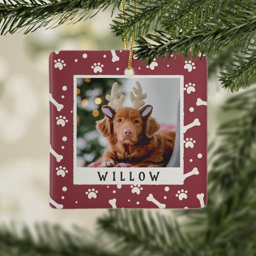 Holiday Dog Bone  Pawprint Personalized Pet Photo Ceramic Ornament