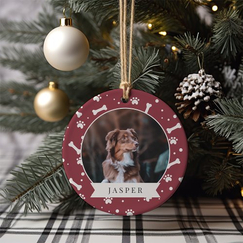 Holiday Dog Bone  Pawprint Personalized Pet Photo Ceramic Ornament